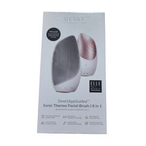 GESKE SmartAppGuided Sonic Thermo Facial Brush in pink and white. 6 in 1 facial